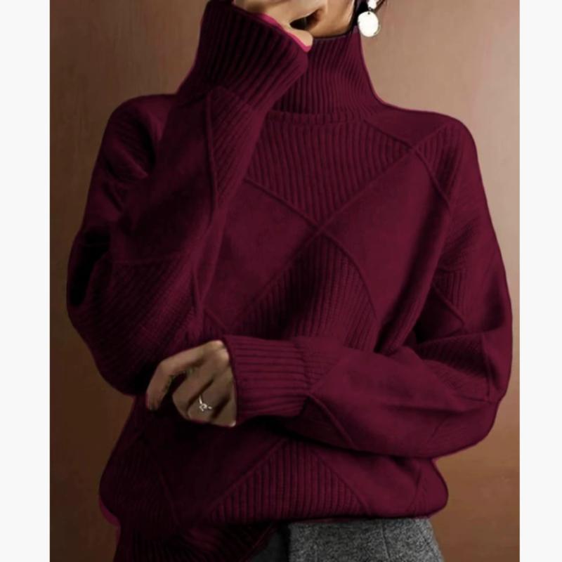 

Женская мода повседневная осень-зима однотонный принт длинный рукав высокий ворот свитера 2XL вино красного