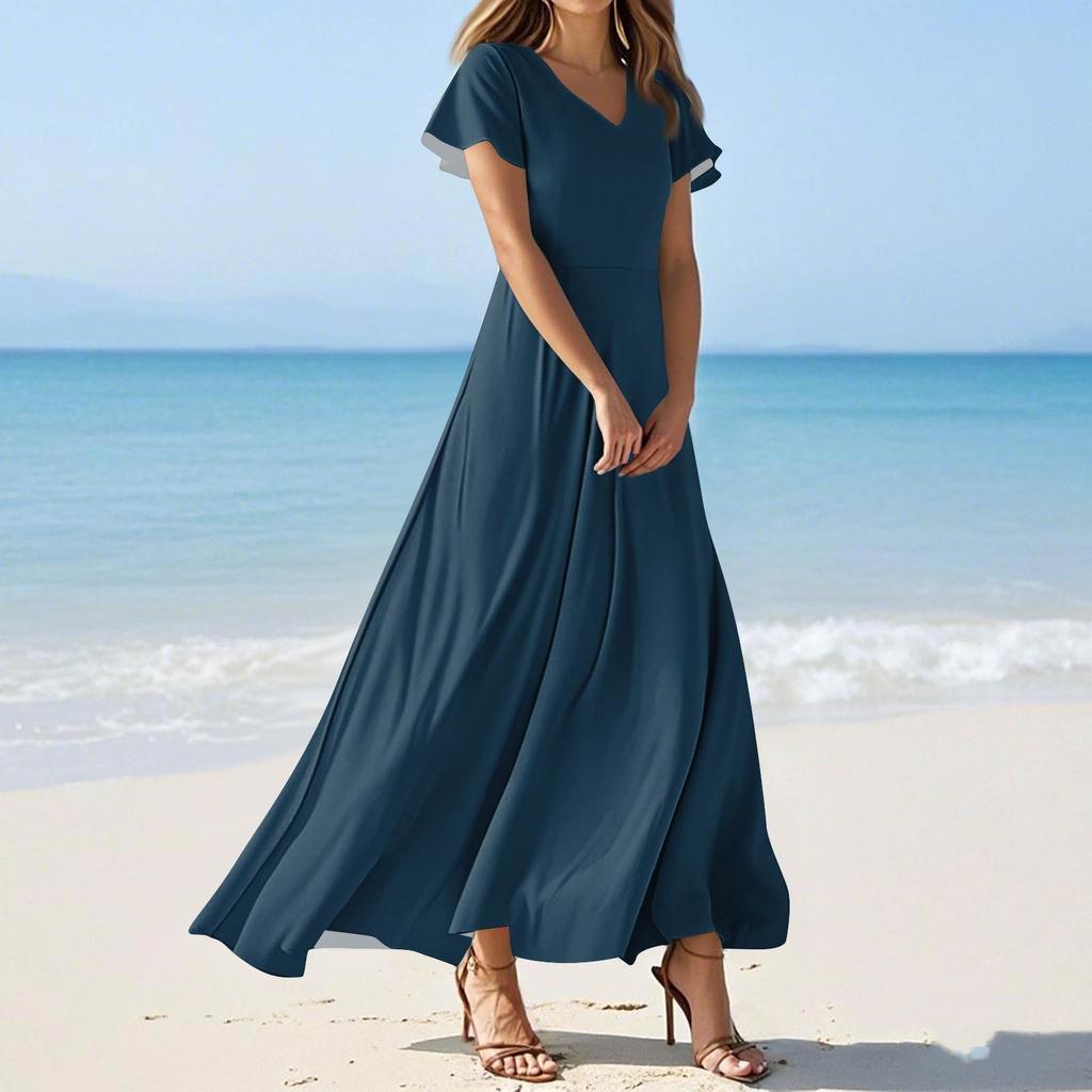 Women's Summer Casual Fashion Solid Color Dresses V-Neck Short Sleeve Dresses