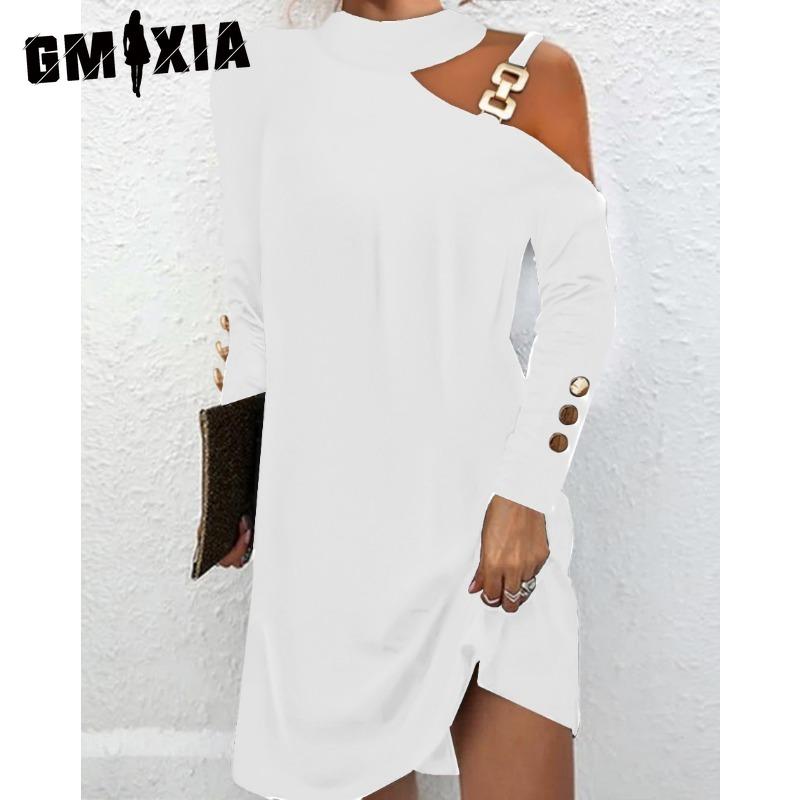 

GMXIA Женская мода весна осень однотонный принт с длинным рукавом и высокой талией повседневные платья XXXL белый