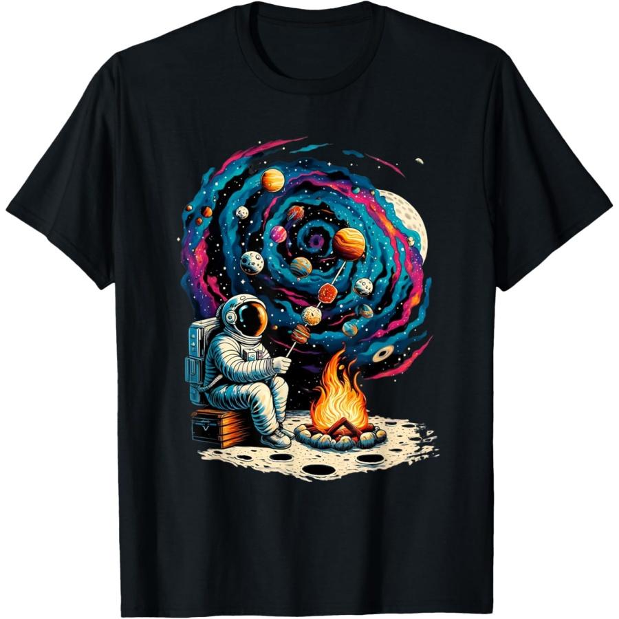Interstellar Adventure Art & Apparel Funny Astronaut Roasting Marshmallows Camping with Planets T-Shirt, Small, Black S