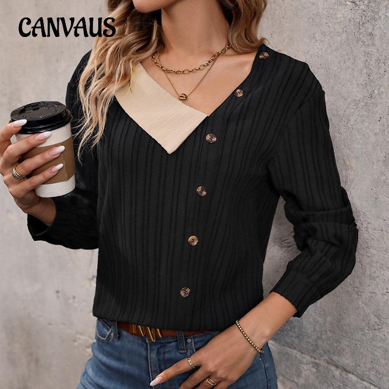 Wiosenno-jesienna damska koszula z przeszyciami, dekolt w serek, temperamentna, elegancka, top z długim rękawem