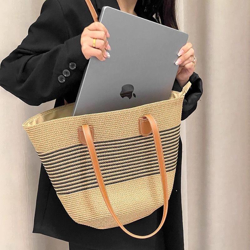 Summer striped shoulder commuter straw bag new large capacity casual fashion women's beach tote bag