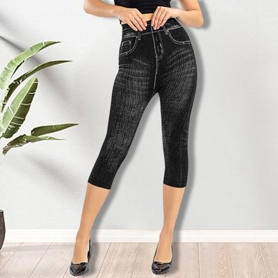 Yousheng Women Cropped Jeans Slim Fit High Waist Elastic Striped Slimming Button Zipper Closure Mid-calf Length Pockets Casual Commute Trousers