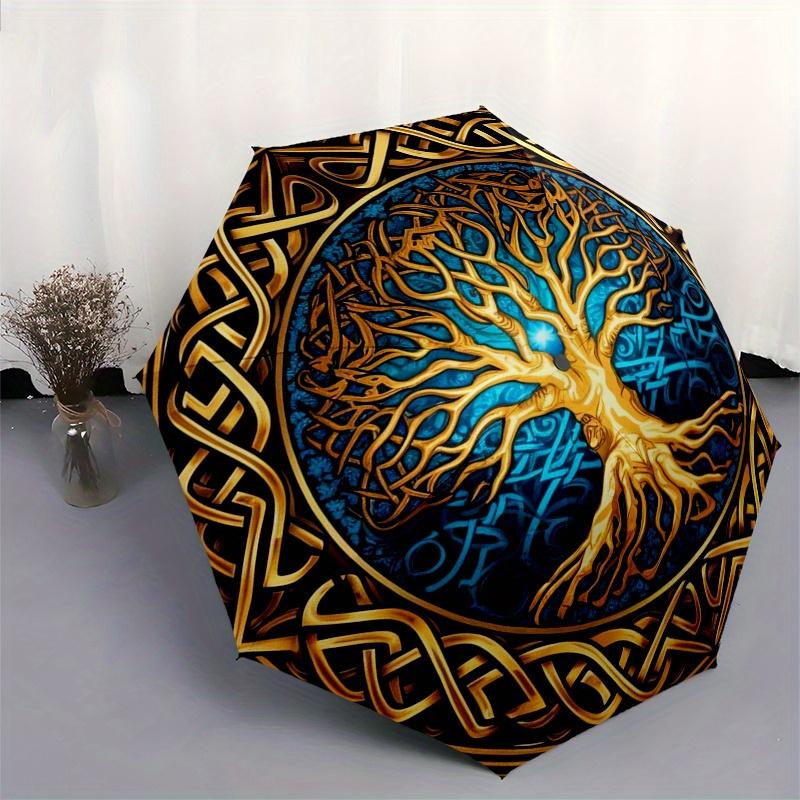 Golden Tree of Life Umbrella, Portable 3-Fold Umbrella for Men & Women,Christmas Gift ES308