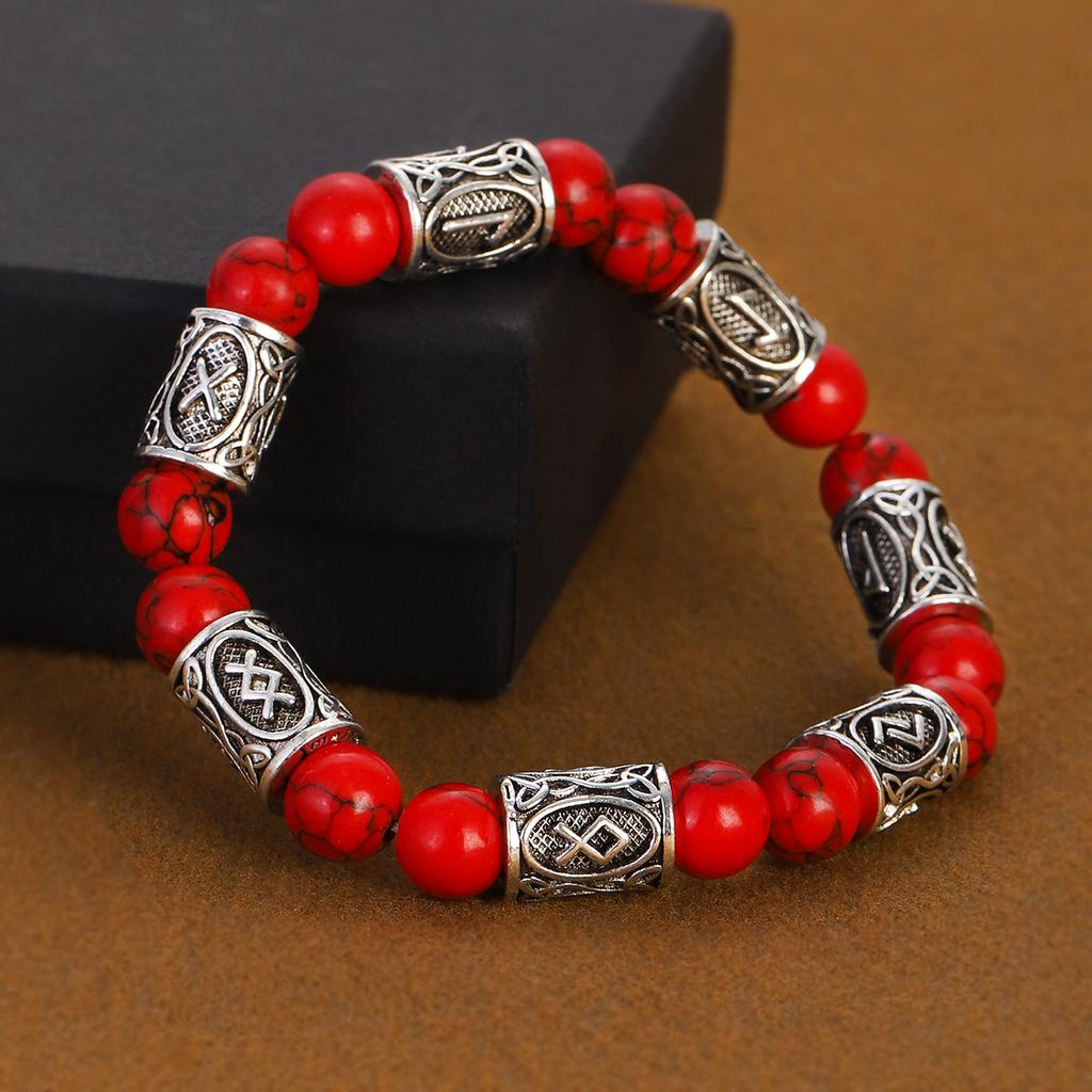Viking Runes Bracelet for Men 8Mm Lava Obsidian Turquoise Beads Lucky Amulet Norse Jewelry Gift