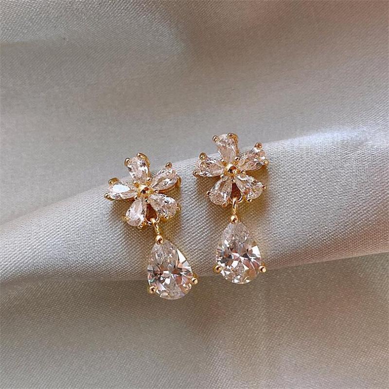 S925 Sterling Silver Korean Crystal Flower Drop Earrings: Autumn/Winter Luxury Design