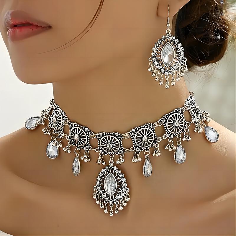 Elegant Ethnic Style Women Jewelry Set Luxurious Temperament Banquet Party Hollowed Out Water Droplet Necklace Earring Set Gift