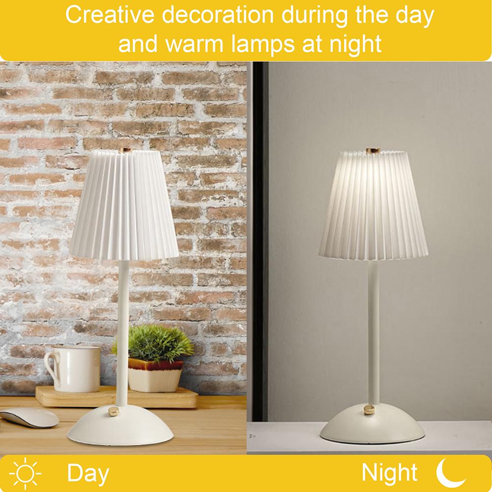 Pleated Shade Nightstand Lamp Soft Light Decorative Light with Metal Base Rechargeable for Living Room Bedroom