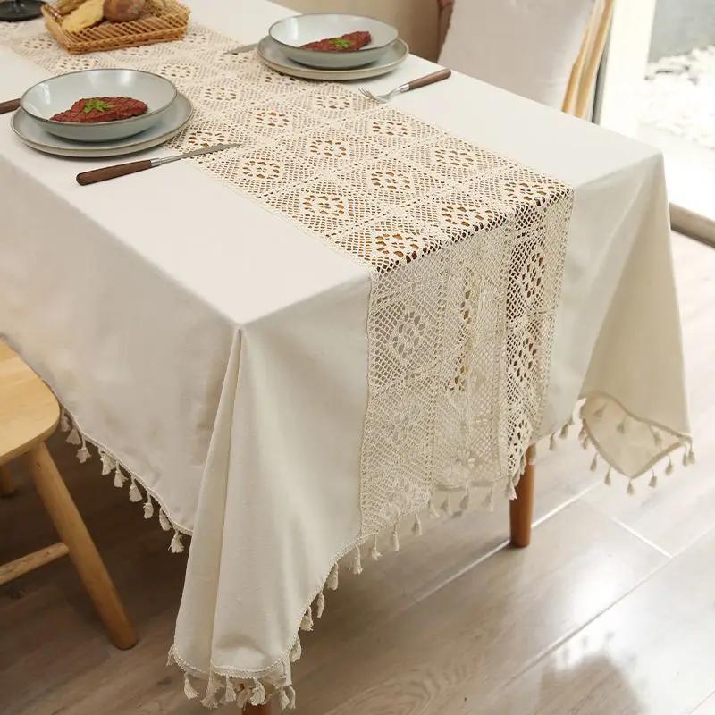 

Скатерть из хлопка и льна в стиле пэчворк, кружевная французская кружевная скатерть для чайного столика с кисточками, декоративная зеленая скатерть 100x140cm 1pcs