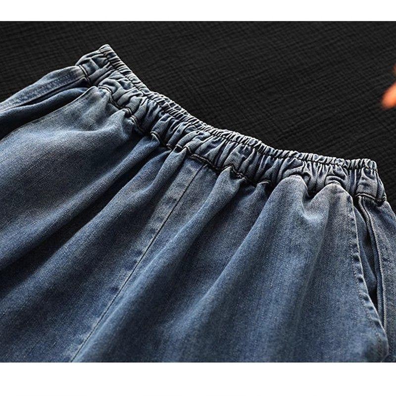 Pantaloni Corti Estivi Sottili in Denim Retro da Donna Vestibilità Larga Gamba Larga