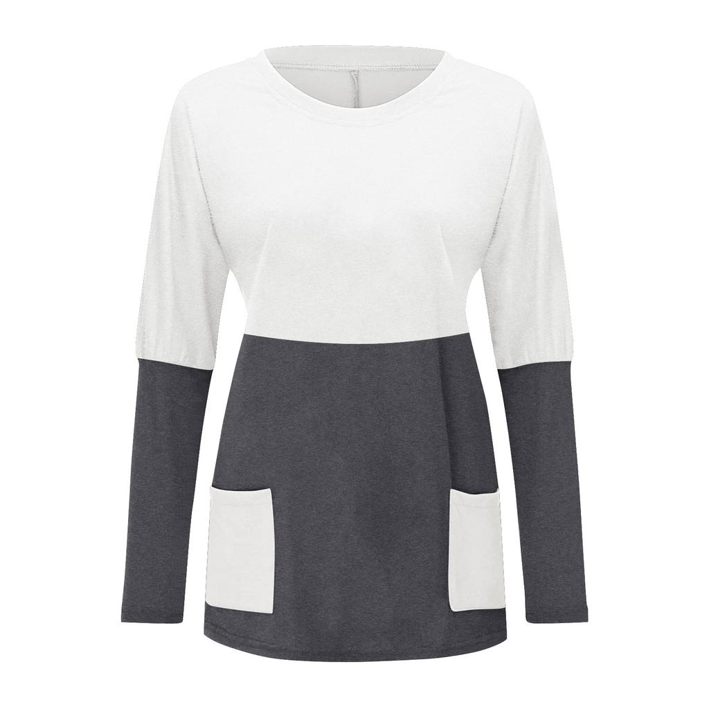 Women Fashion Casual Long Sleeve Patchwork Pockets Loose Tops Blouse