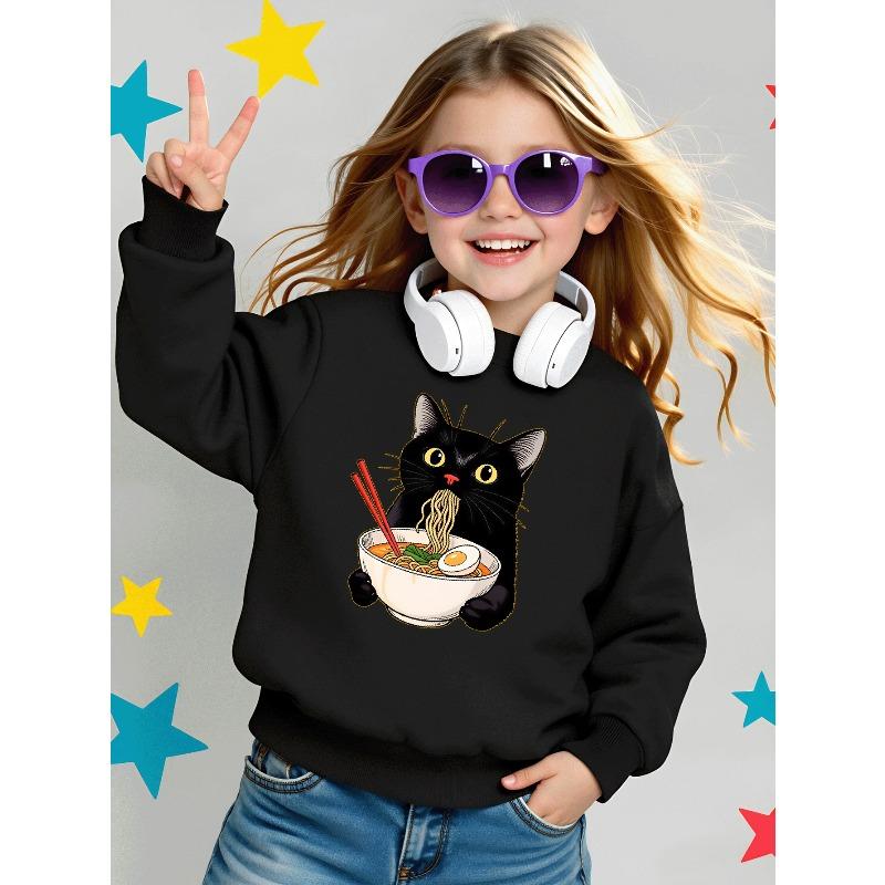 Kids Sweatshirts, Girls' Sweatshirts, Girls' Autumn Winter Fashion Cat Eating Ramen Noodles Print Print Long Sleeve Round Neck Sweatshirt
