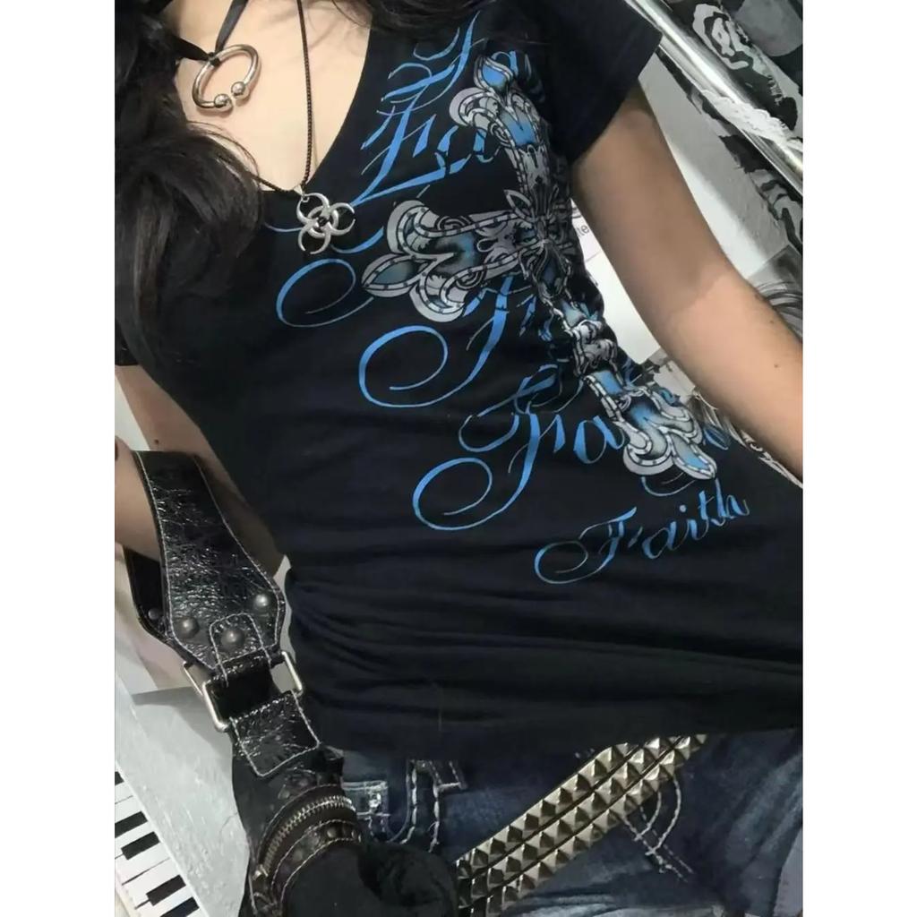 TrendHub Rock Gothic Streetwear Letter Cross Graphic T shirts Gyaru 2000s Clothes Harajuku Top Women V-neck Tees Sweet Y2k Vintage tshirt