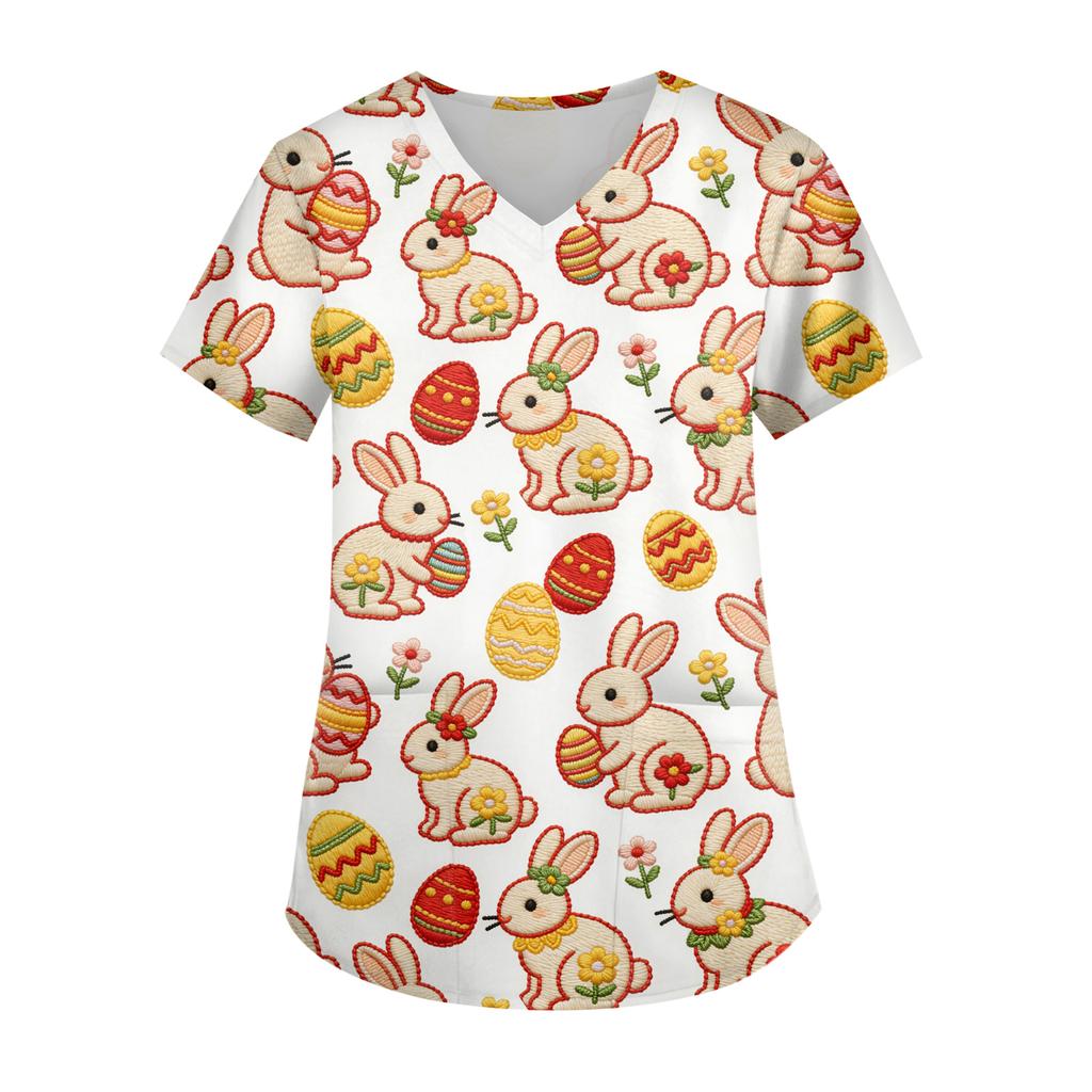 Ladies' Easter printed fashionable V-neck pocket short sleeved uniform and caregiver top