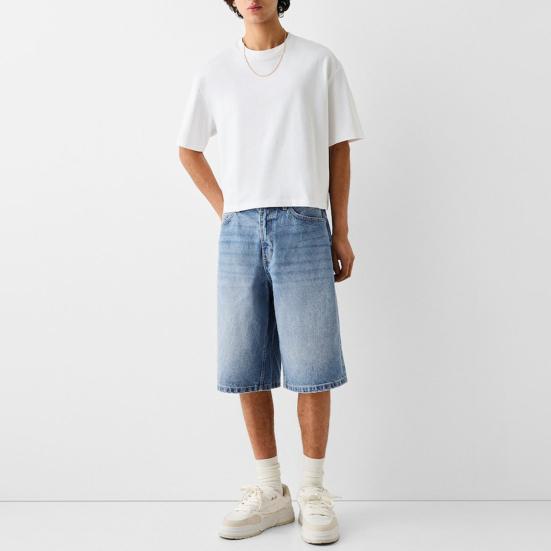 Erkek Denim Şort Orta Yükseklikte Düğmeli Fermuarlı Yaz Kot Pantolon Düz Geniş Paça Denim Şort Cepli