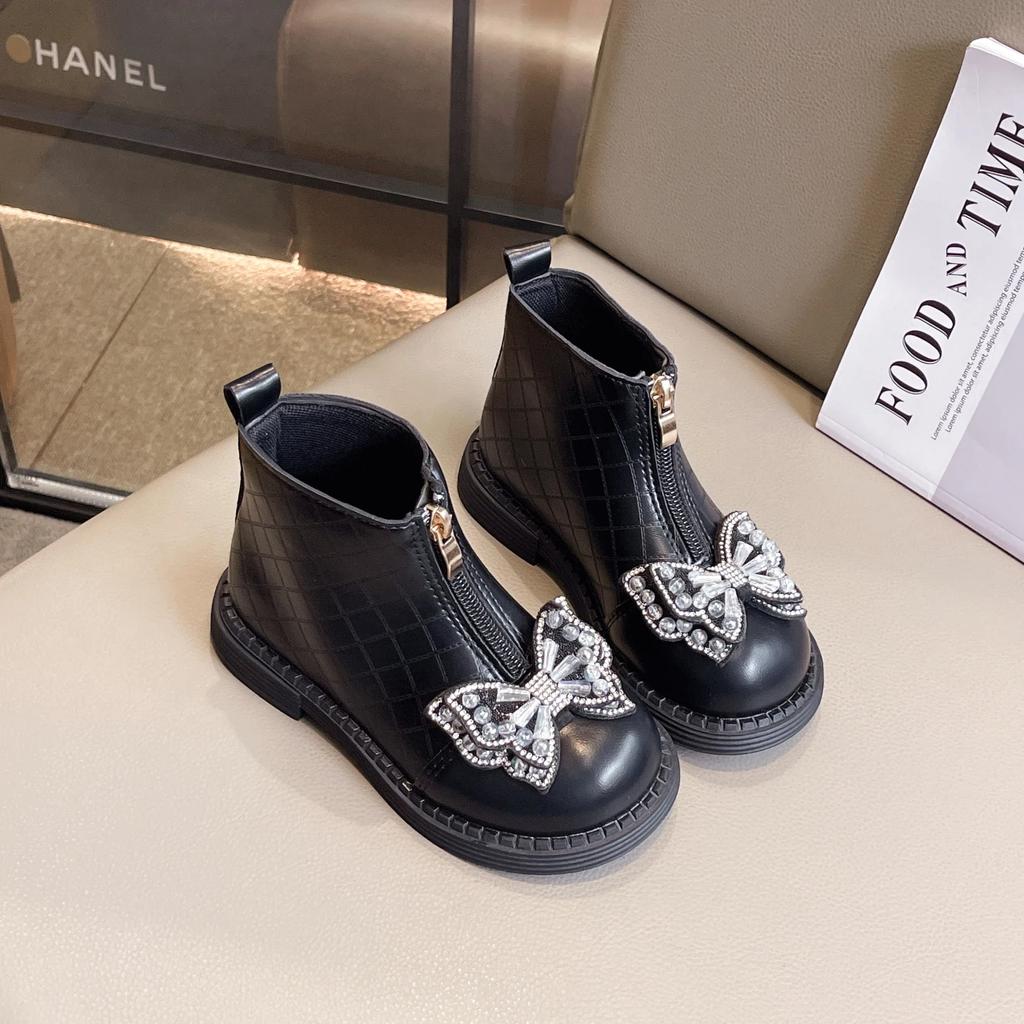 2024 Children Short Boots for Girls Autumn Winter New Princess Sweet Bowtie Soft Bottom Anti-slippery Versatile Zip Leather Shoe