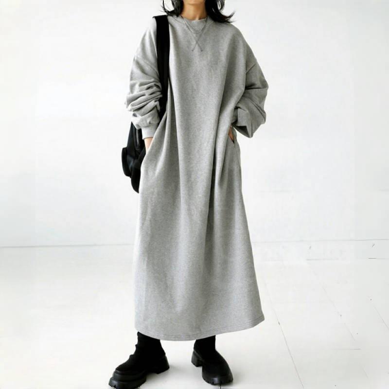 

Women s Elegant Loose-Fit Sweatshirt Dress - Slimming, Belly-Covering Over-the-Knee Dress with Round Neck for Spring/Autumn 2025. One Size