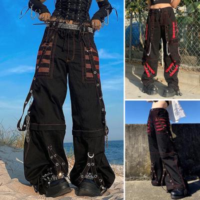 Pantalon pour femme taille haute, bloc de couleurs, jambe large, pantalon décontracté, coupe ample, rétro, cool, pantalon long, streetwear