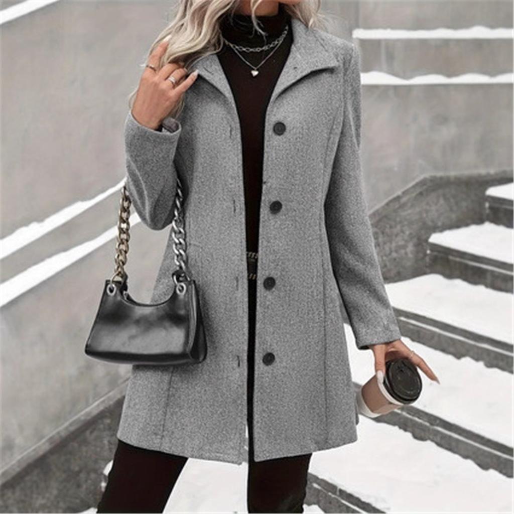 Women Turn‑Down Collar Wool Blend Coat Single Breasted Button Down Long Sleeve Pockets Mid‑Length Casual Winter Outerwear Jacket