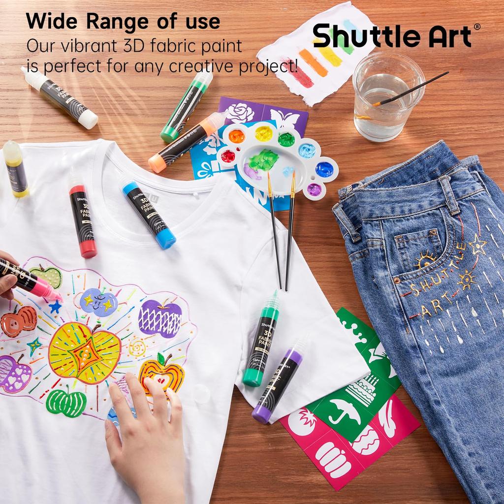 Shuttle Art Fabric Paint 3D 3D 66 Colors Set 30ml Cloth Enog Fabric Paint Metallic Color Washable Durable Comes with Paint Brush, Stencil and Palette