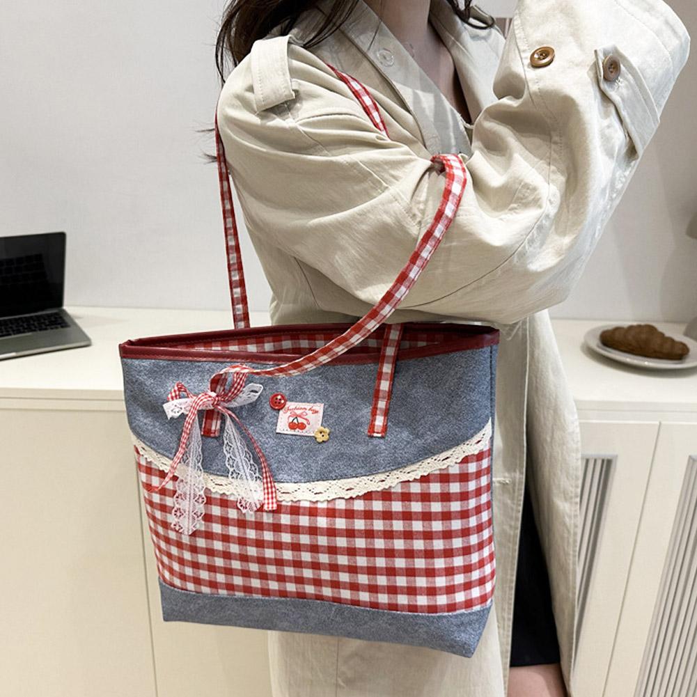 Retro Bow Lace Shoulder Bag Leisure Grid Large Capacity Handbag Underarm Bags Commuting Tote Bags College Students Schoolbag