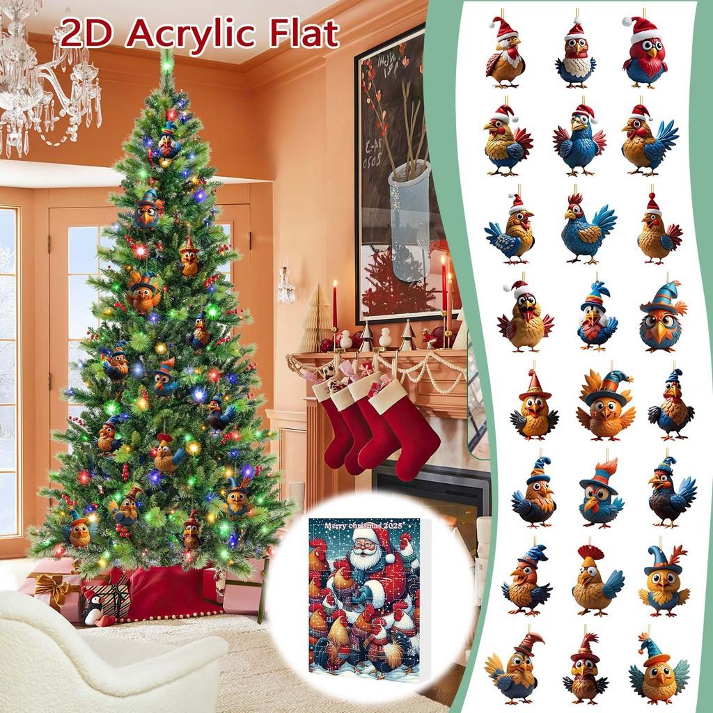 Weihnachts-Adventskalender mit 24 Acryl-Hahn-Dekorationen für die Feiertage