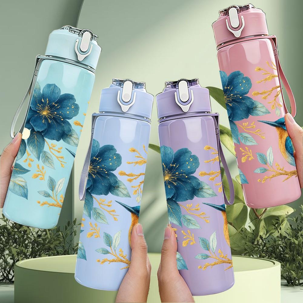1PC Blue Flower Bird Branch Art Print 750ml Color Plastic Sports Water Bottle Leakproof Flip Straw Lid Suitable for Sports Office Home Use