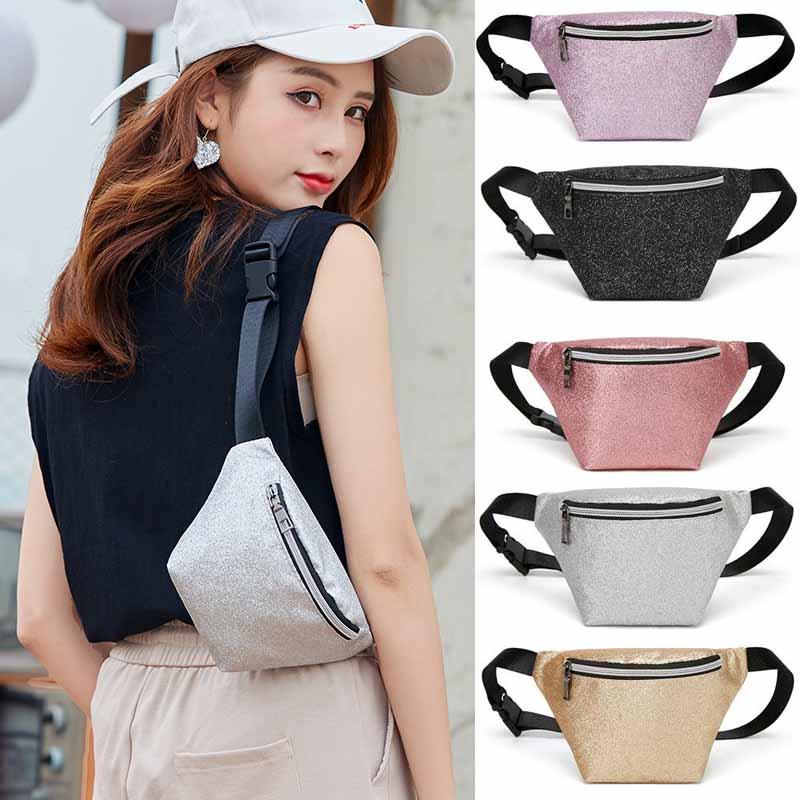 Fashionable Pure Color Chest Bag With Shiny Sequins And Soft Pu Leather For Women