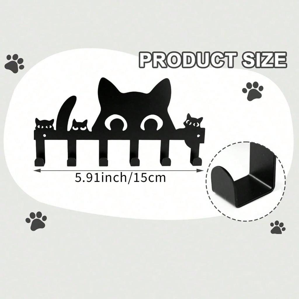 Wall Mount Cat Key Holder 6 Hooks Self Adhesive No Drilling Space Saving Entryway Decor