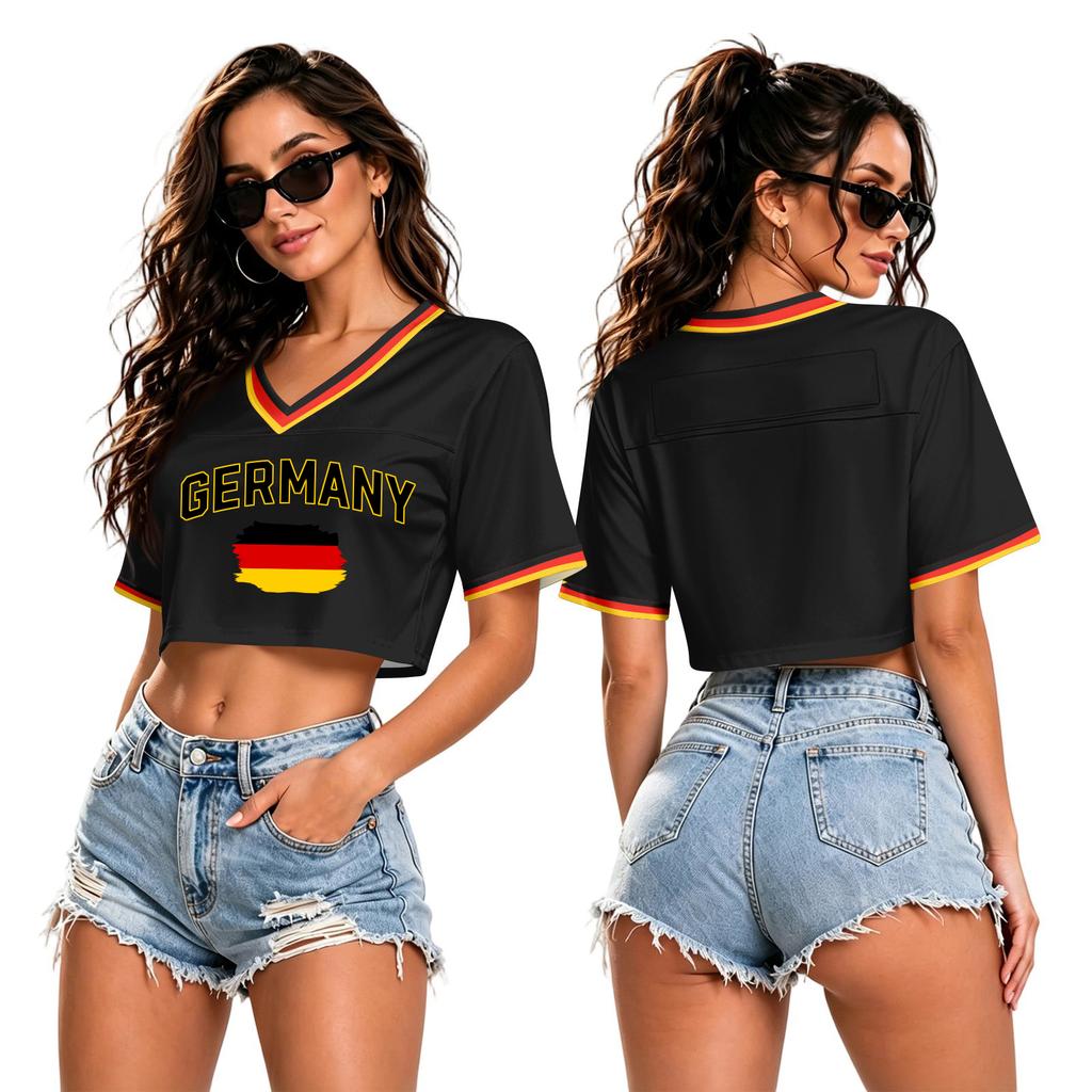 Women's V Neck Crop Top T Shirt Short Sleeve Soccer World Cup Printed Tee Argentina Netherlands Germany Venezuela Jamaica Canada