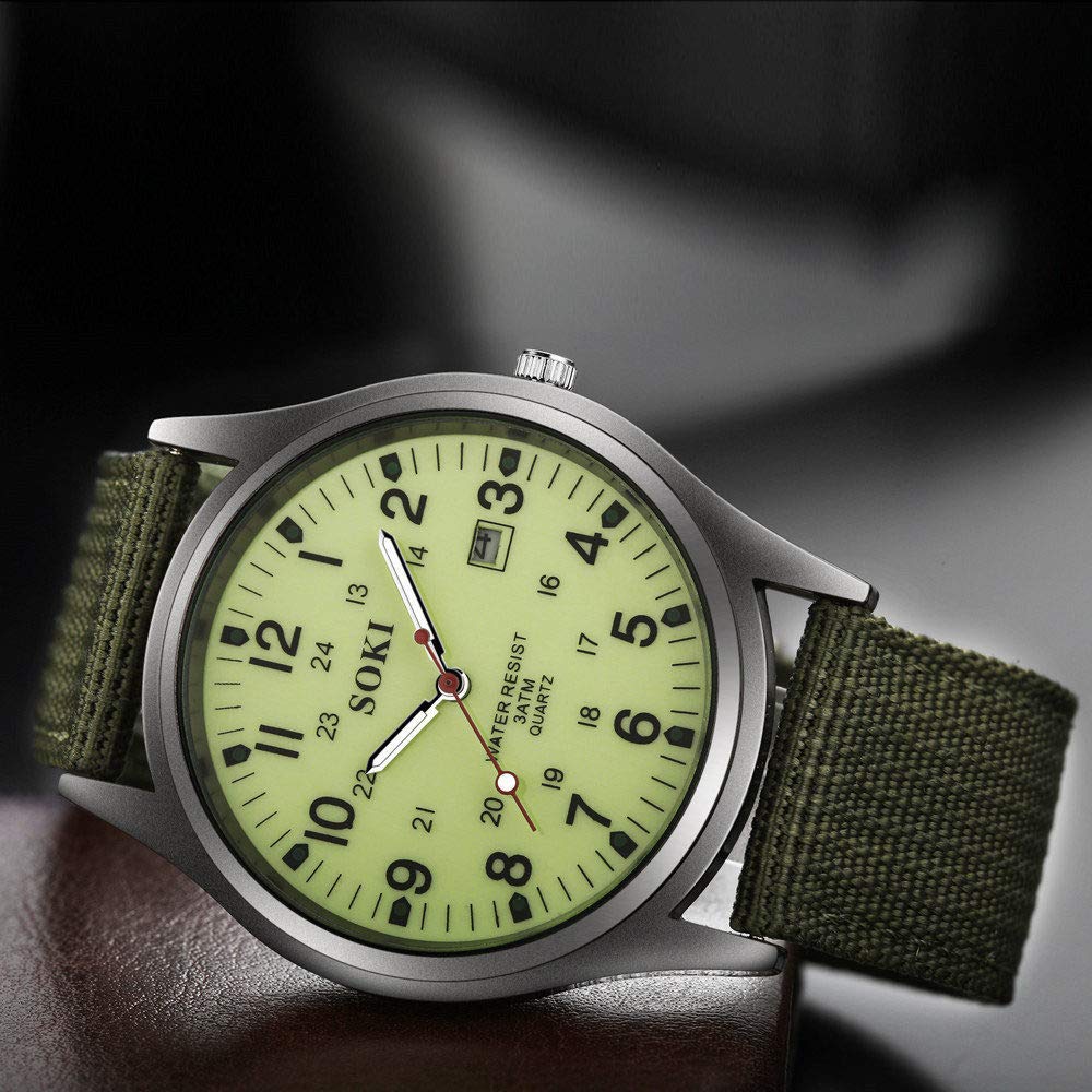 Plus Nao Military Date Stylish Green Men's Watch, Analog, Style, Round, Canvas, Display, Luminous, -