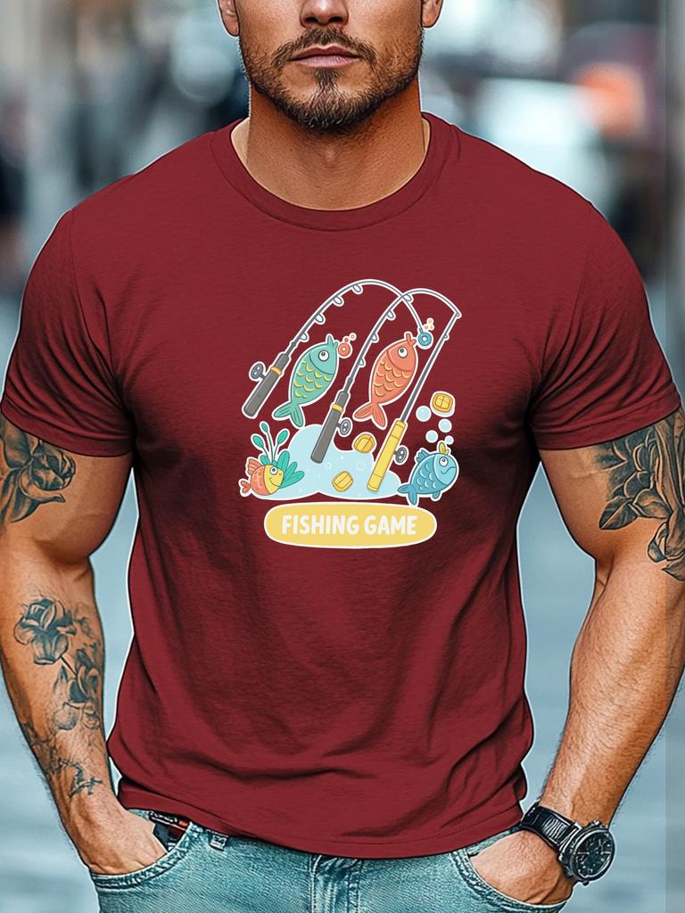 Mens Summer Fishing TShirt Fishing Game Rod Fish Print Short Sleeve Round Neck Soft Oversized Playful Daily Wear