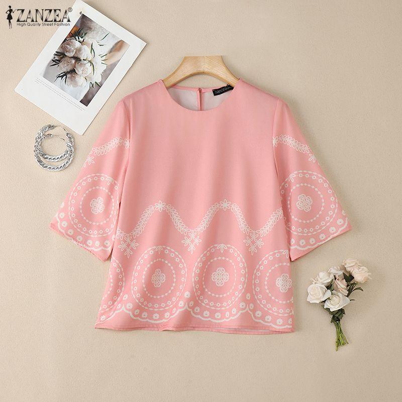 ZANZEA Lässige Bluse mit Rundhalsausschnitt und 3/4-Ärmeln und lockerem Print für Damen
