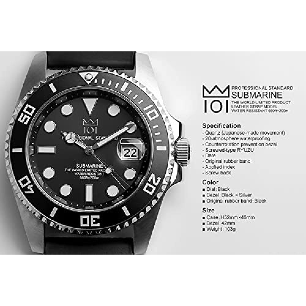 [HYAKUICHI 101] Diver's Watch Date Display 20 ATM Water Resistant Watch HYAKU1-001 (Silver Black Rubber)