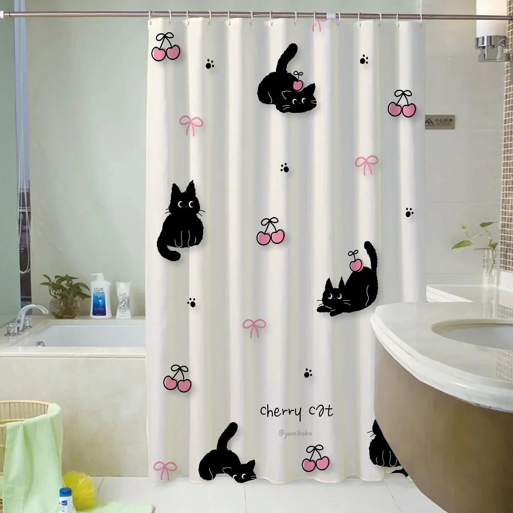 Japanese Black Pink Cute Cherry Cat Bath Curtain for Quarto Curtains in the Bathroom Accessories Shower Folding Partition Home
