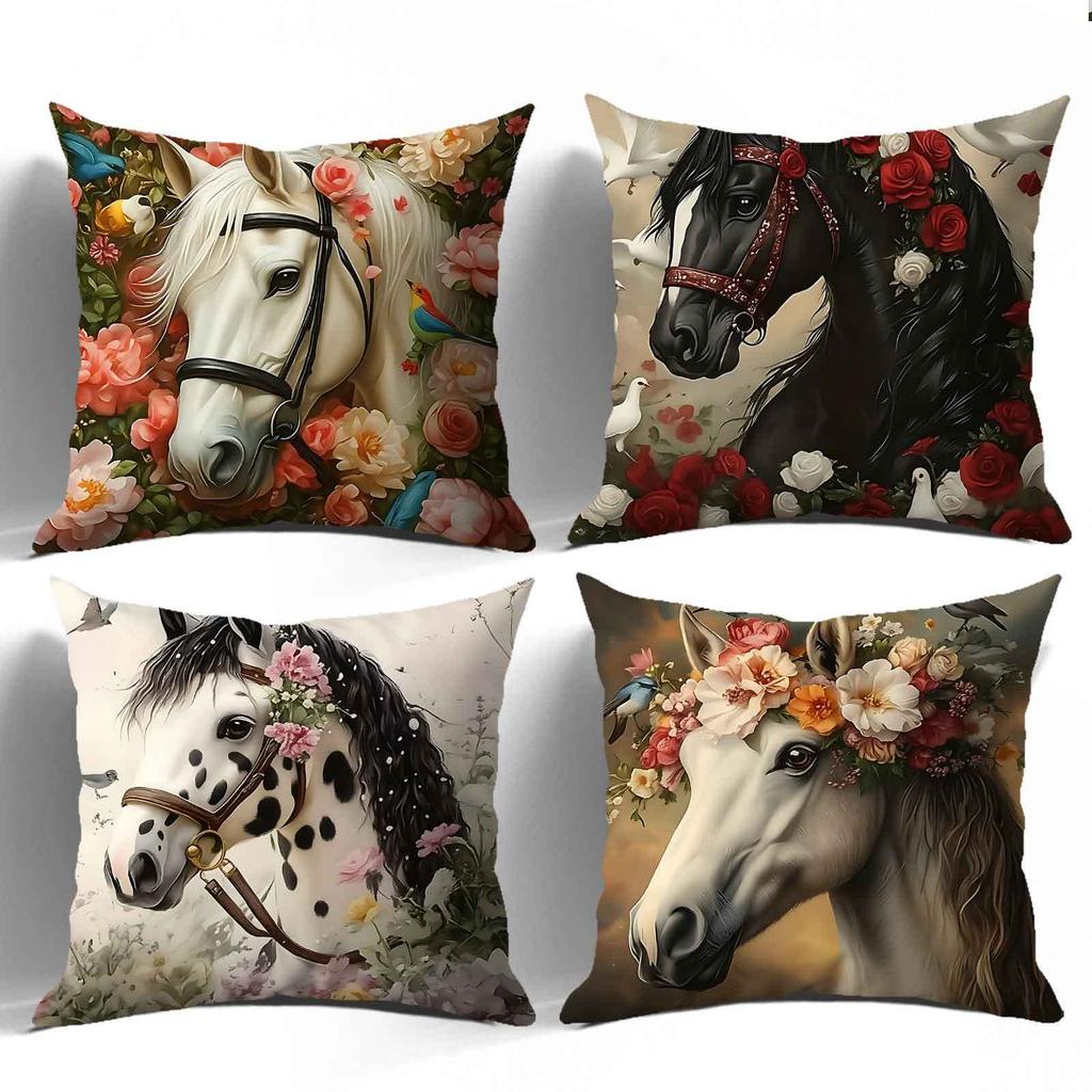 Horse And Flower Pattern Digital Printing Pillow Cover Short Plush Suitable Living Rooms Bedrooms Sofas Throw Cushion Cover