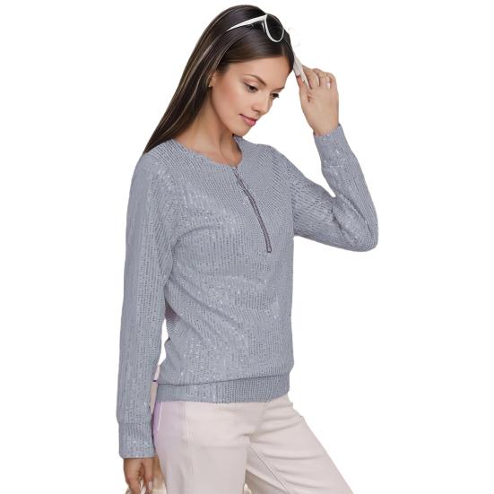 Women Tops Round Neck Zipper Half Placket Long Sleeve Pullover Tops Solid Color Shiny Sequins Loose Fit Blouse