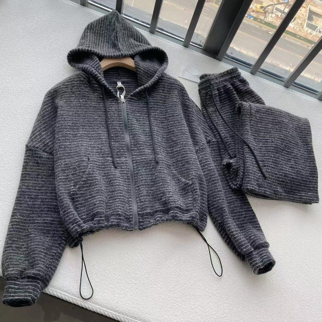 Conjuntos de Trajes para Mujer Talla Grande Pantalones Abrigo con Capucha Engrosado Top Pantalones Largos Traje de Dos Piezas Oversize 2PC