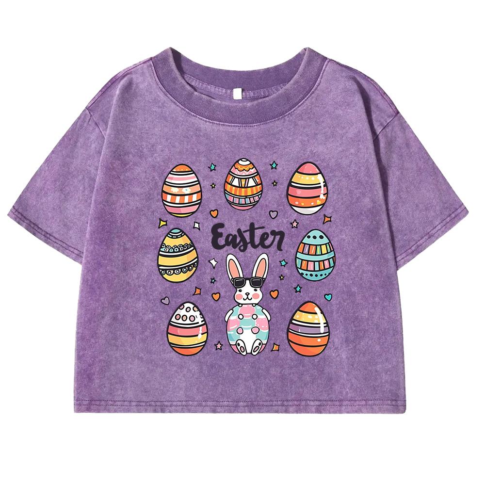 The Easter Egg Funny Graphicprinting Female Washed Tee Shirt Retro Casual Crop Top Cotton Clothes Fashion Streetwear