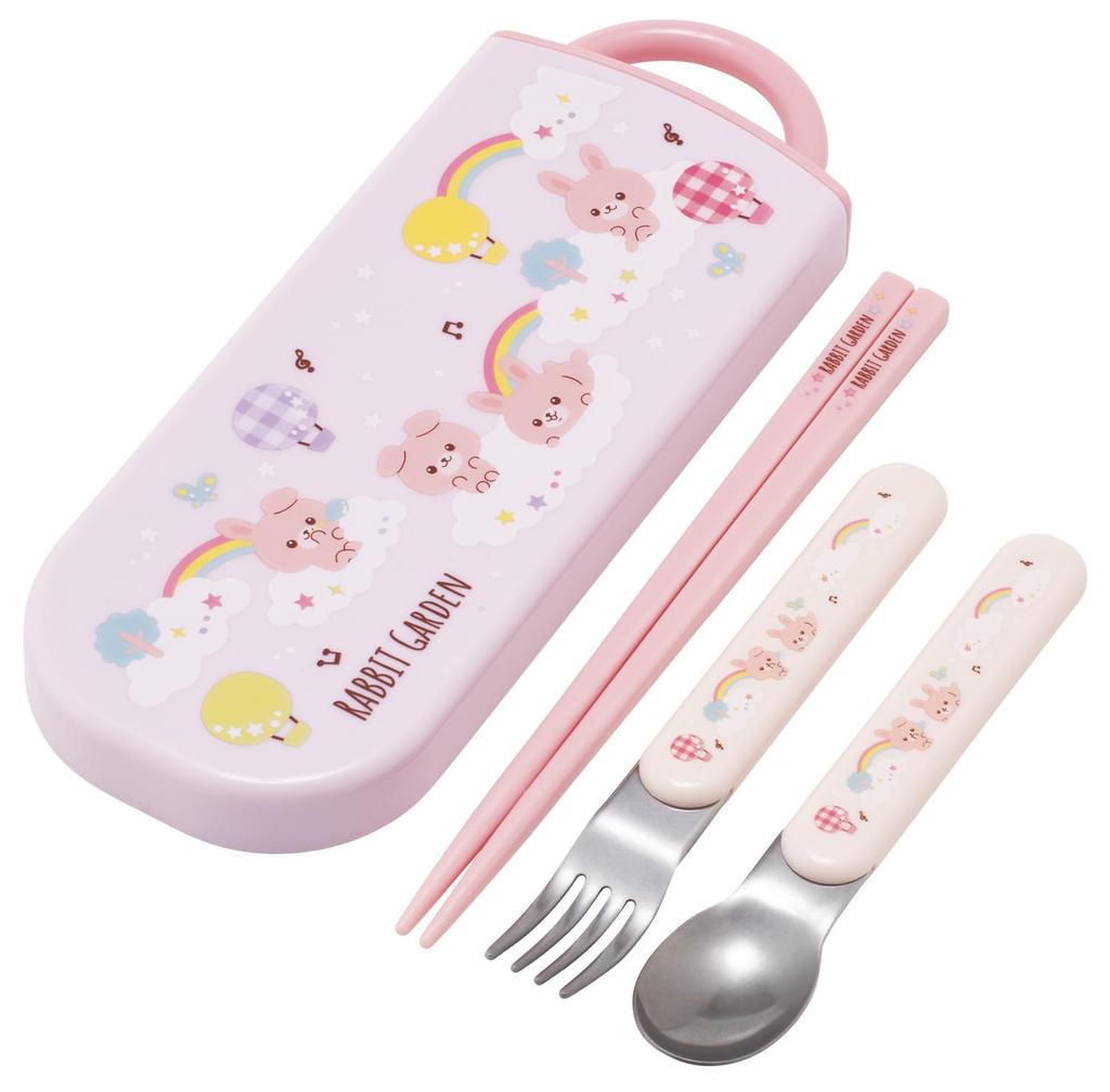 Skater Lunch Box Trio and Antibacterial Cutlery with Made in Rabbit TACC2AG69600 Kids' Set, Chopsticks, Spoon, Fork, Easy-Opening Slide-Out Design,