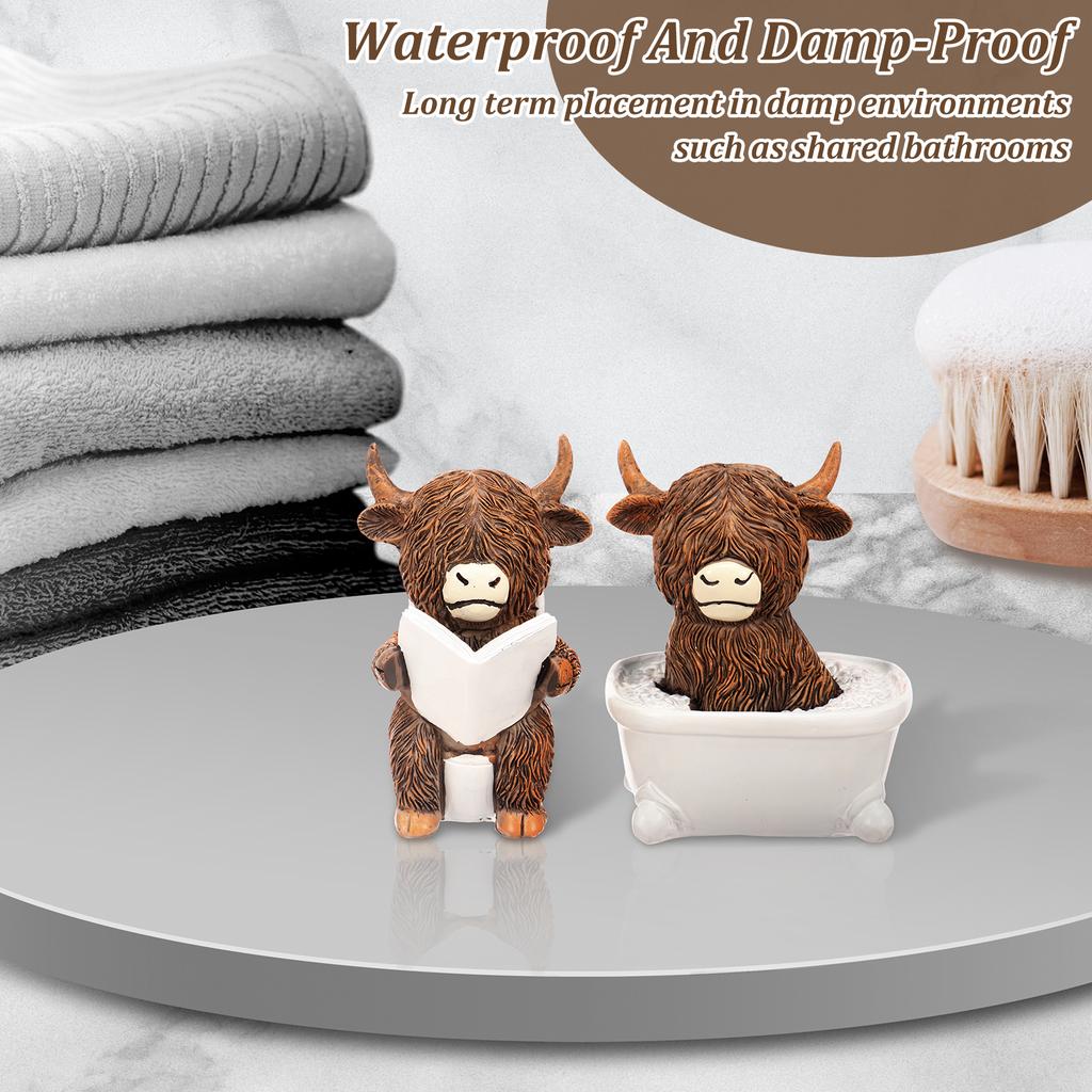 2 Pcs Scottish Highland Cow Resin Figurines Funny Bathing & Reading Highland Cow Statue for Office Bathroom and Home Decoration