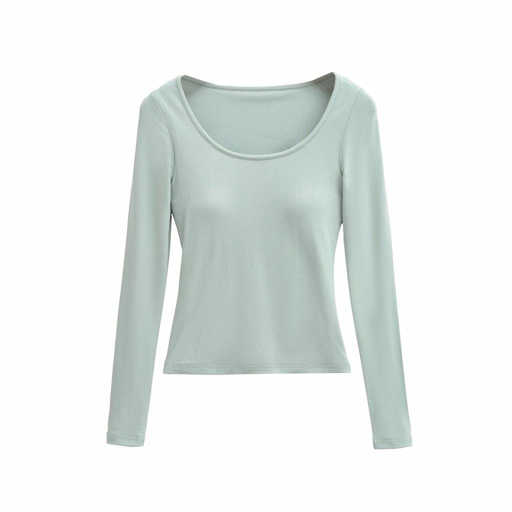 2025 Autumn/Winter Women's Sexy Slim-Fit Long-Sleeve T-Shirt with Built-in Bra and U-Neck