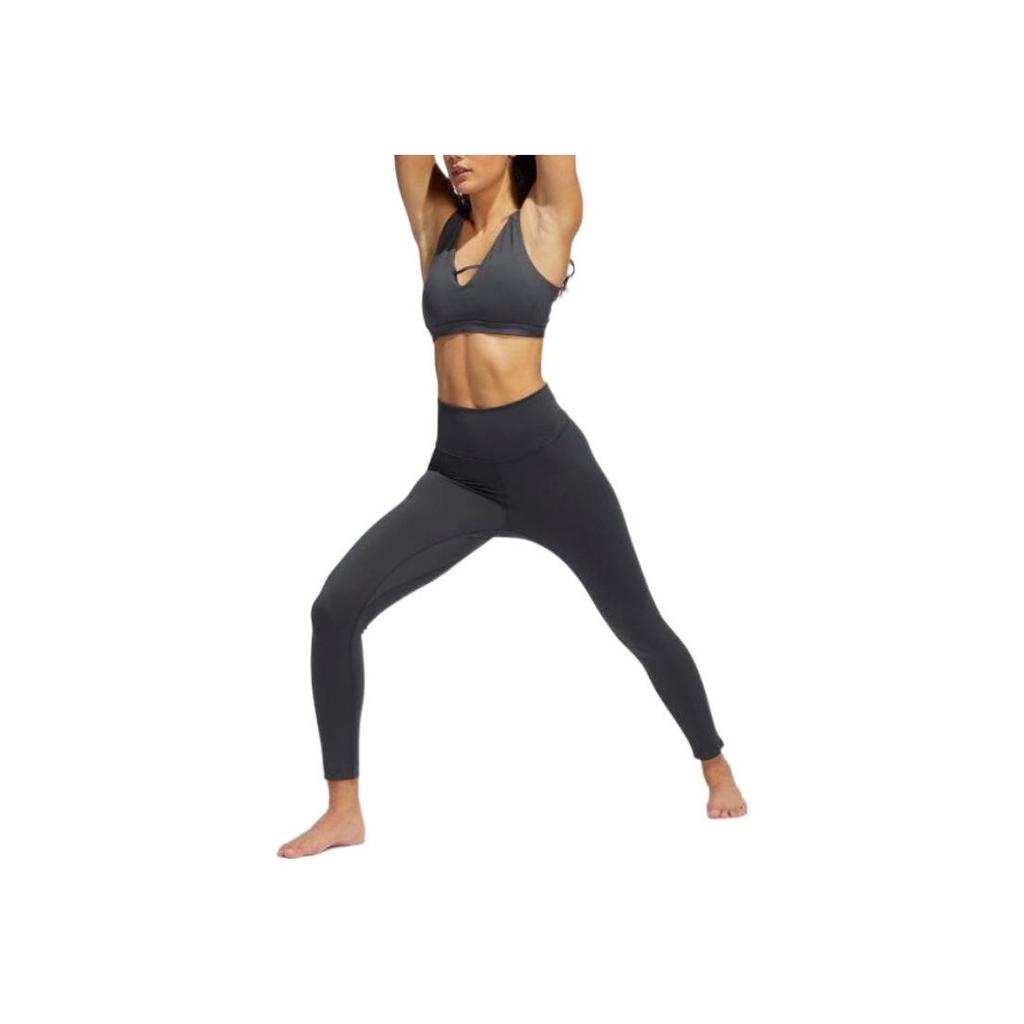 Adidas Solid Color Logo High Waist Tight Fitness Pants Women Bottoms Dark-Gray HD4423