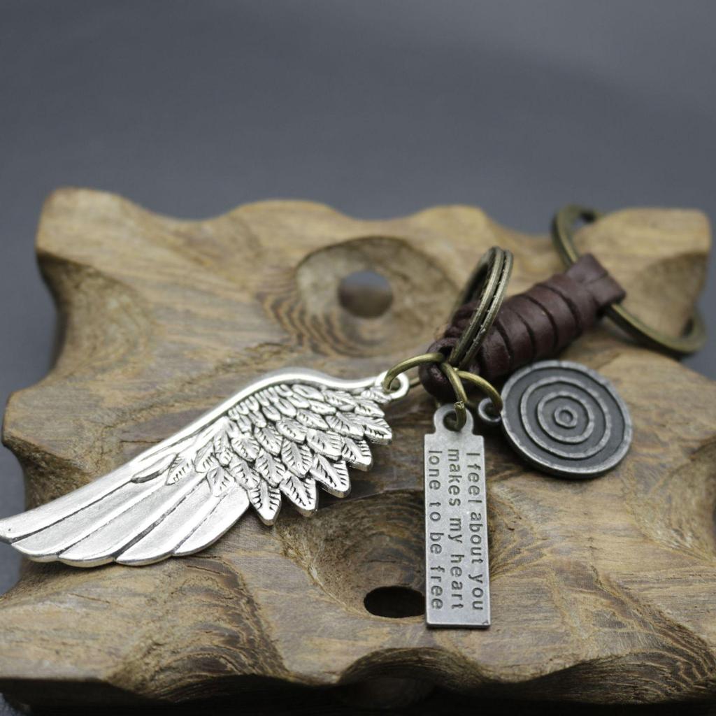 Men's Antique Bronze Wing Keychain with Woven Leather Pendant