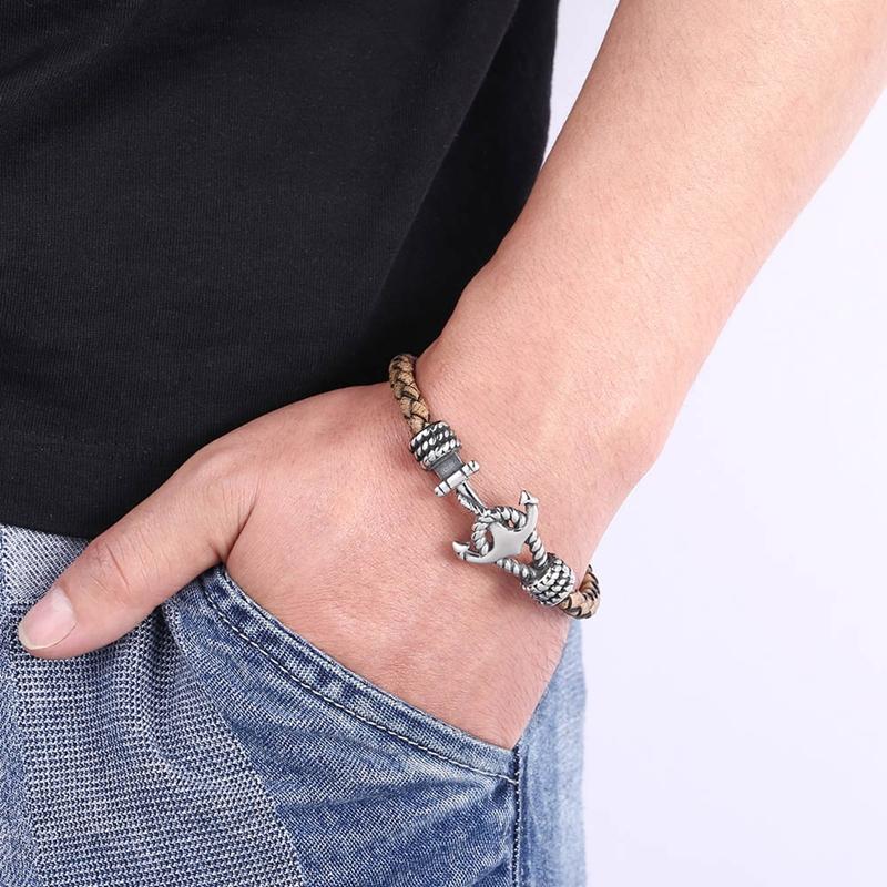 New Stainless Steel Anchor Bracelet Men's Jewelry Punk Black Woven Genuine Leather Bracelet Charm Vintage Gifts