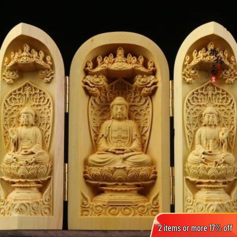 Boxwood Western Tři svatí Buddha Guanyin Masivní dřevo Přenosná třípanelová řezbovaná ozdoba