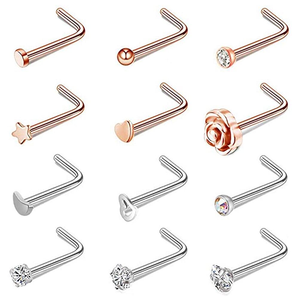 Stainless Steel L Shaped Nose Rings Cz Nose Stud Body Piercing Jewelry