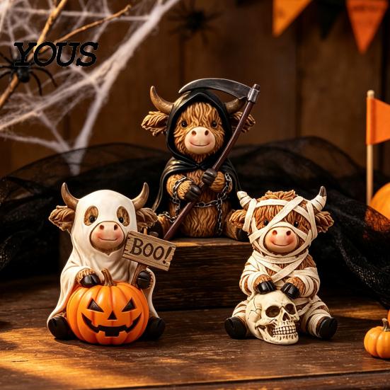 Unique Desktop Collectibles 3Pcs Halloween Highland Cow Figurines, Resin Cattle Statues of Grim Reaper, Porch Entryway Decorations Mummy & Ghost,