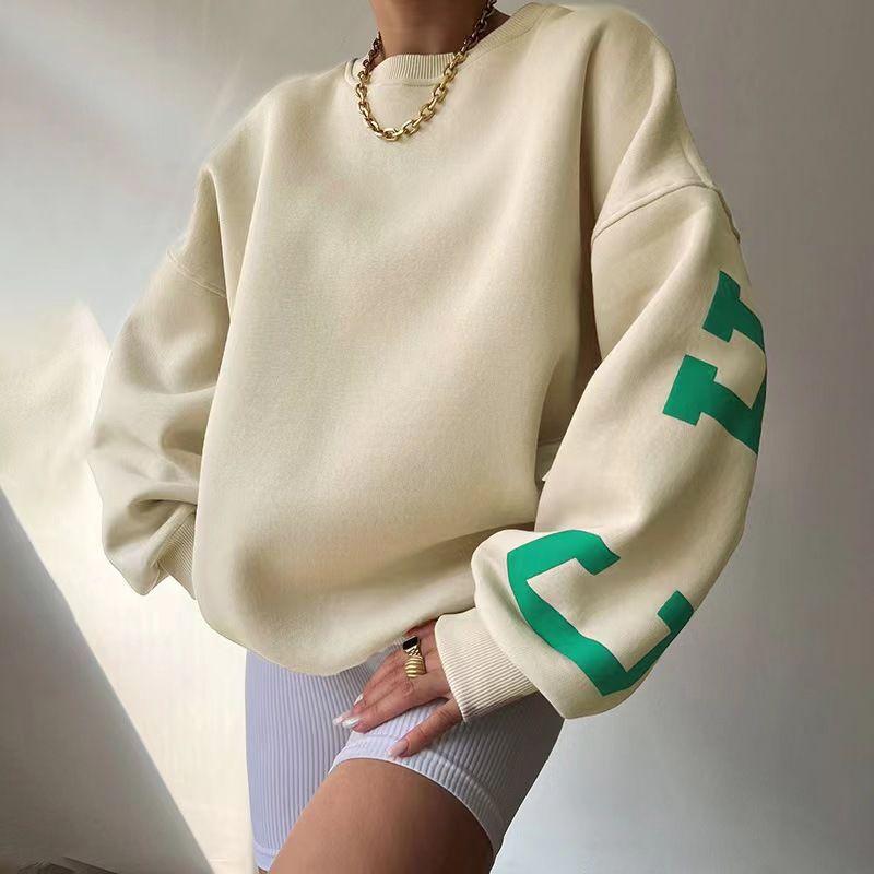 

Fashion Wind New Arrival round Neck Letter Print Loose Long Sleeve Top Fashion Casual All-Matching Hoodie Loose Top Apricot color S