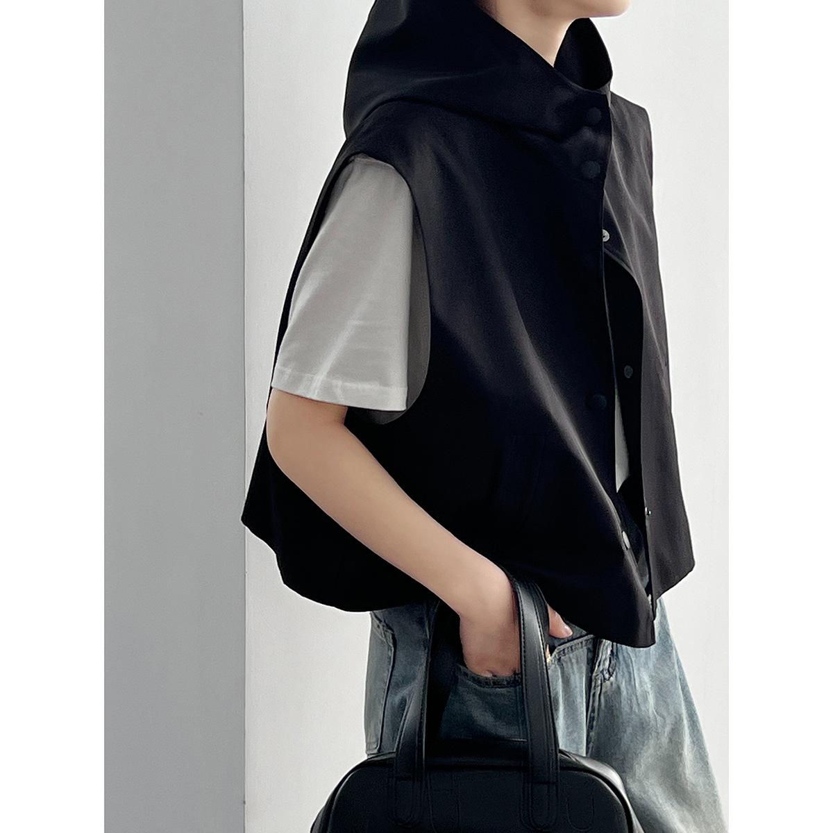 

DIMANAF 2024, жилет больших размеров без рукавов, весна-лето, женская однотонная куртка большого размера, базовый повседневный стиль, свободные дизайнерские топы с капюшоном M чёрный